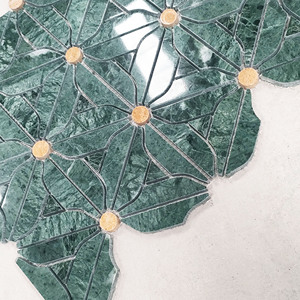 Mosaico Irregolare a Fiori in Marmo Verde Lavorato a Getto d'Acqua in Stile Moderno Vintage per Decorazione Pareti Interne di Case Ville Bagni e Soggiorni - Product Image 5