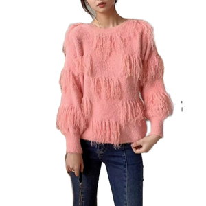 เสื้อผู้หญิงหรูหราพร้อมพู่แขนโคมไฟคอกลมถักดีไซน์สวยสีพื้น - Product Image 1