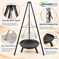 Barbecue portable de camping avec trépied, grille suspendue en fil métallique, foyer noir, hauteur réglable