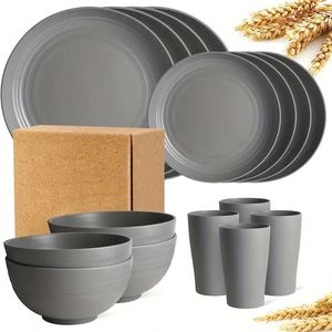 Lot de 16 pièces de vaisselle noire en plastique, assiettes et bols inspirés de la paille de blé avec gobelets pour le camping en extérieur - Product Image 1