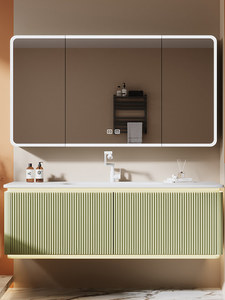 Meuble <span class=keywords><strong>de</strong></span> <span class=keywords><strong>salle</strong></span> <span class=keywords><strong>de</strong></span> <span class=keywords><strong>bain</strong></span> mural intelligent <span class=keywords><strong>avec</strong></span> lavabo intégré en dalle <span class=keywords><strong>de</strong></span> roche, <span class=keywords><strong>miroir</strong></span> et <span class=keywords><strong>rangement</strong></span>, style crème français - Product Image 1