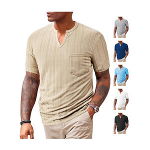 Chemise à manches courtes pour homme en coton, col en V, coupe ample, respirante, couleur unie, vêtement décontracté, tissu jacquard, taille M - Product Image 5