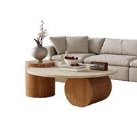 Table basse rétro crème de style mid-century, plateau rond en travertin avec deux bases de support uniques en bois massif, meubles de salon