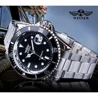 Montre Mécanique Winner Mode Sport Cadran Noir Aiguilles Lumineuses Acier Argenté Corgeut Automatique pour Homme de Luxe Top Marque