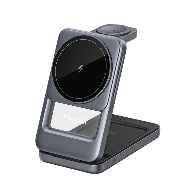 Miccell W18 3-in-1 Magnetic Wireless Charger, 15W Fast Charging Station for IPhone/Smartwatch/Earbuds with Foldable Stand