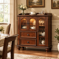 Buffet vintage en bois massif, armoire de rangement avec porte en verre cannelé pour salle à manger et cuisine