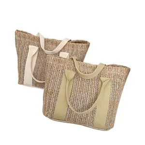 حقيبة قش خيزران بوهيمي كبيرة حقائب يد نسائية مصنوعة يدويًا لتزيين الأطفال والشاطئ من الكروشيه بكميات كبيرة