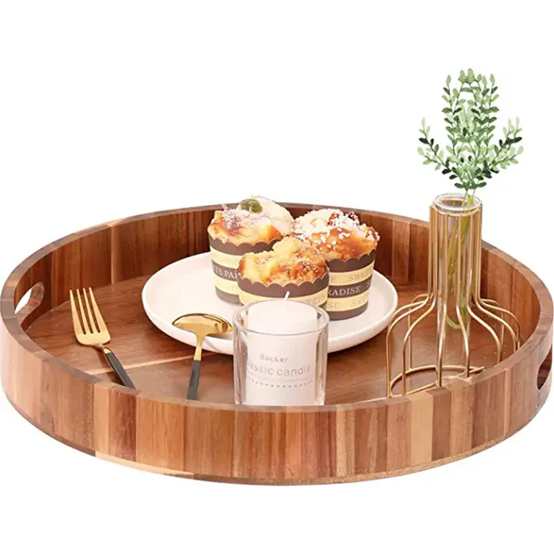 Custom 16.34 inch Logo Handmade Breakfast wooden Tray with Eco-friendly Wooden Round Tray