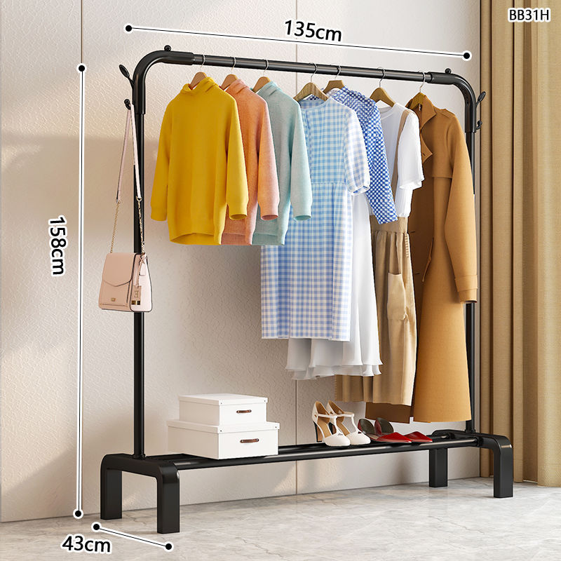 135CM [สีดำ] ราวแขวนเสื้อผ้าและตะขอแขวนหมวก