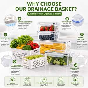 Custom Food Storage <b>Container</b> with Drain Basket and Airtight Lid for Refrigerator Fruit & Vegetable Organizer - Product Image 4
