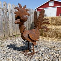 Statue de coq en métal rouillé Oniya, sculpture de poulet amusante à grands yeux, décoration d'extérieur pour ferme, pelouse, jardin, ornement artistique