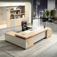 Escritorio Ejecutivo Moderno de Lujo con Almacenamiento, Escritorio Gerencial en Forma de L de Madera con Gabinete Lateral Blanco para Jefe