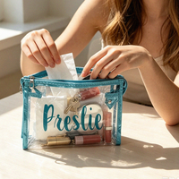 Bolsa de Cosméticos de PVC Transparente con Nombre Impreso Personalizado, Bolsa de Maquillaje con Cierre y Ribete de Tela Verde Azulado, Regalo Personalizado para Damas de Honor, Organizador de Belleza
