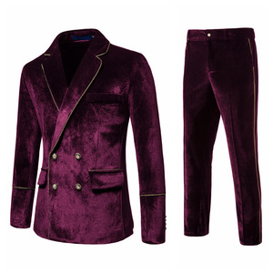 <span class=keywords><strong>Costume</strong></span> pour <span class=keywords><strong>homme</strong></span> 2 pièces en <span class=keywords><strong>velours</strong></span> incrusté bord doré Costumes pour <span class=keywords><strong>homme</strong></span> double boutonnage robe de soirée veste et pantalon de mariage - Product Image 3