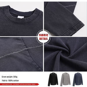 Camiseta de manga larga holgada de algodón puro de doble hilo de 325 g con empalmes de hilo colisionado estilo vintage para hombre, lavado en blanco, para otoño - Product Image 6