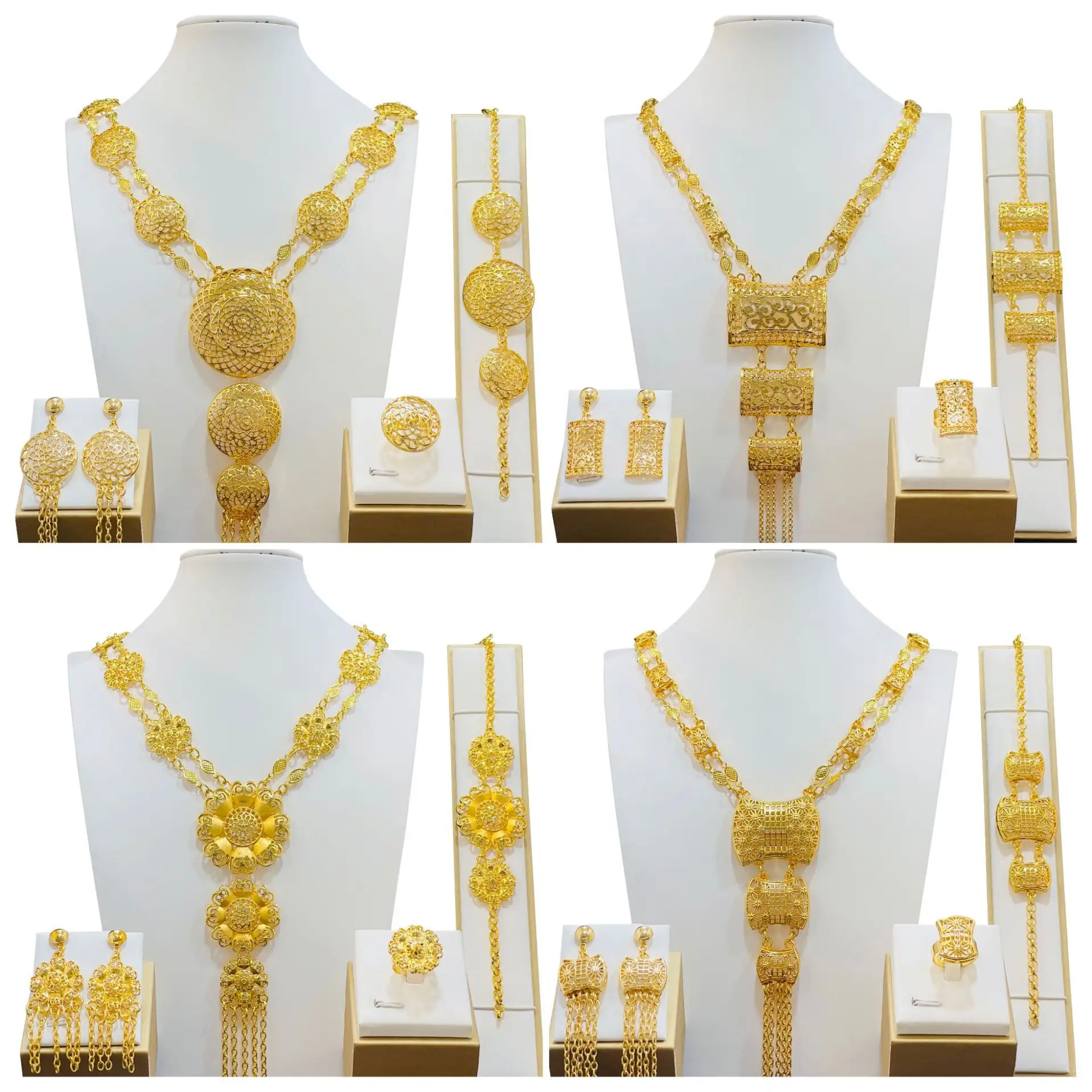Set Perhiasan Wanita India 24K kalung berlapis emas anting gelang cincin mode Set perhiasan 4