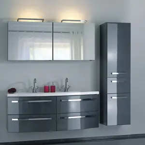 Роскошный туалетный столик в американском стиле, высокий глянцевый серый шкаф для ванной комнаты, двойная раковина, ПВХ шкаф для ванной комнаты с зеркальным светом