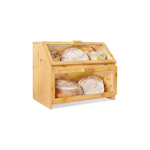 绿色厨房竹制面包盒透明窗双层储物农家乡村风格木制工艺品产品