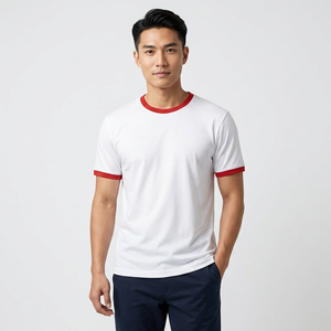 T-shirt blanc à manches courtes pour homme avec bordure contrastée rouge Coupe classique Style décontracté Col rond Tissu en coton tricoté - Product Image 2