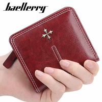 Baellerry dompet kulit PU pendek mewah wanita ritsleting antik kancing semanggi Logo Vegan desain modis grosir