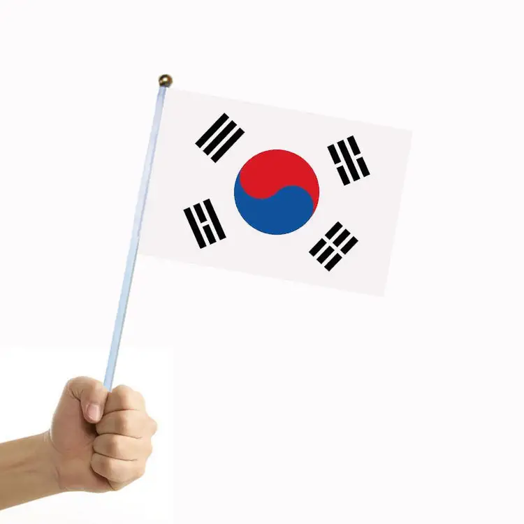 Bandera de Corea 14x21CM Banderas de mesa de poliéster con poste Flying Country Hands Waving Stick Banderas de mano de Corea del Sur