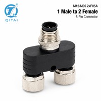 M12-M05 2xF05A Konektor Y Splitter Male ke Dua Female Adaptor Sensor Pin Tembaga Berlapis Emas IP67 4A Daya Microwave