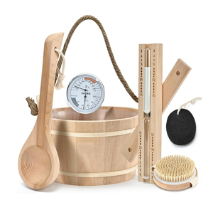 Kit di 6 Accessori per Sauna Fatti a Mano con Secchio in Legno, Termo-Igrometro, Clessidra, Spazzola, Rocce Vulcaniche - Product Image 1