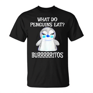 Camiseta divertida y linda con diseño de pingüino y burritos, ¿qué comen los pingüinos? - Product Image 2