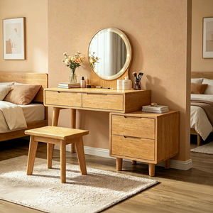 Coiffeuse scandinave en bois de hêtre massif avec miroir éclairé et tiroirs de rangement pour chambre à coucher - Product Image 1