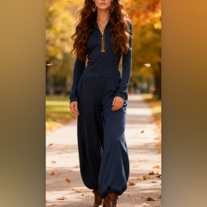 ชุดเซ็ต 2 ชิ้น เสื้อและกางเกงลำลองแฟชั่นสำหรับผู้หญิง คอลเลคชั่นใหม่ประจำฤดูใบไม้ร่วง/ฤดูหนาว พร้อมซิป คอตั้ง และกระเป๋า - Product Image 5