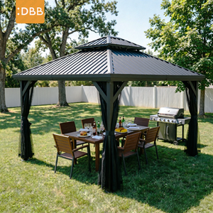Gazebo haut <span class=keywords><strong>de</strong></span> gamme robuste noir à toit rigide, poteaux en aluminium, toit en acier à double niveau, rideaux d'intimité écologiques - Product Image 1