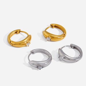 <b>Huggie</b> Earrings Stainless Steel Zircon Claw Setting Party Jewelry Gold <b>Silver</b> Tone - Product Image 1