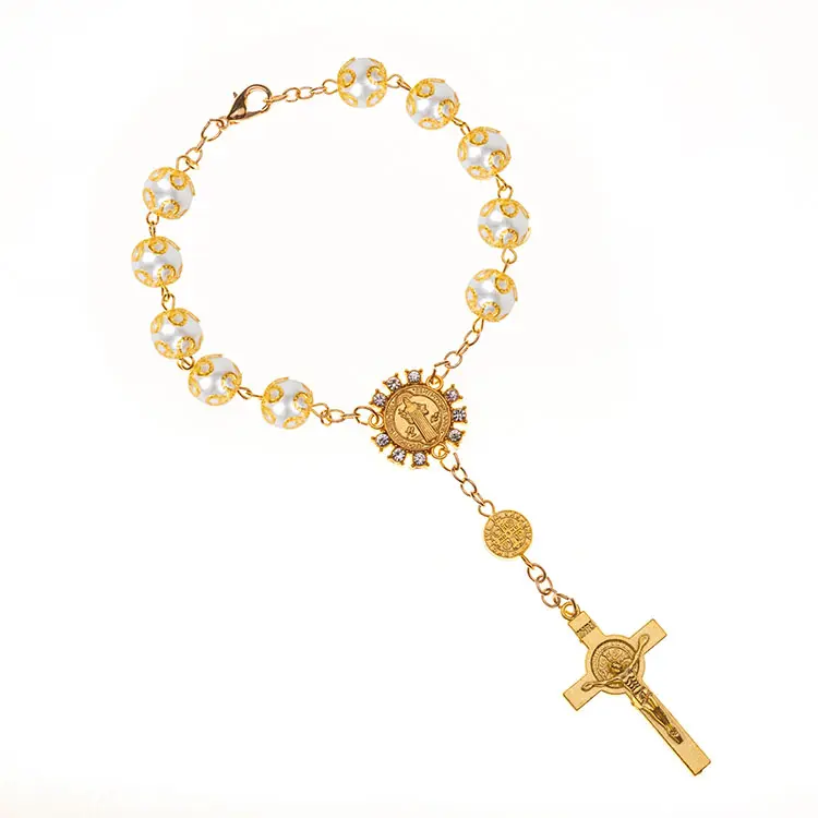 Bracelet en ABS à perles de jésus pour hommes, chaîne croisée en or, chapelet perles religieux, chapelet catholique, vente en gros