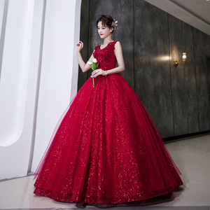 Red Sequin Evening Gown Women Formal Dress Stage Performance Tutu Skirt Claret Polyester Fiber - Product Image 2