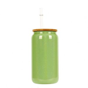 Vaso de Vidrio Esmerilado Degradado de Borosilicato de 16oz, para Sublimación, con Tapa de Bambú y Pajita, KONVINI G01, Vajilla Moderna para Bodas - Product Image 3