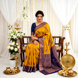 Sari de seda amarillo para mujer con estampado de pavo real azul y blusa, ropa tradicional india para bodas - Product Image 1