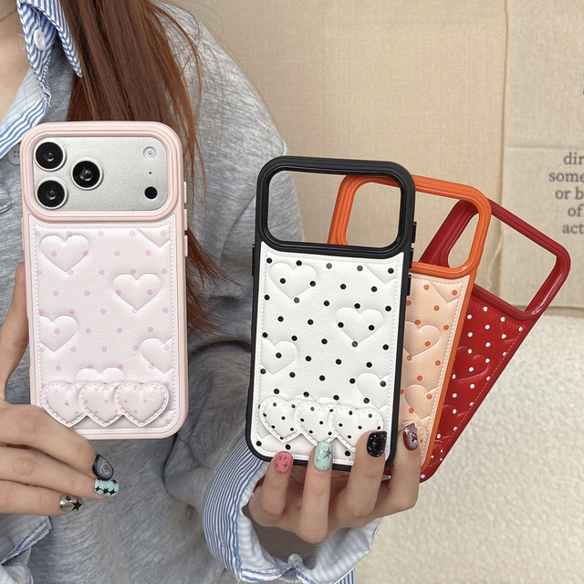Embossed heart-shaped Polka Dot Pattern Down Jacket Shockproof TPU Phone Case for iPhone 17 16 15 Pro Max 14 With Stand Holder