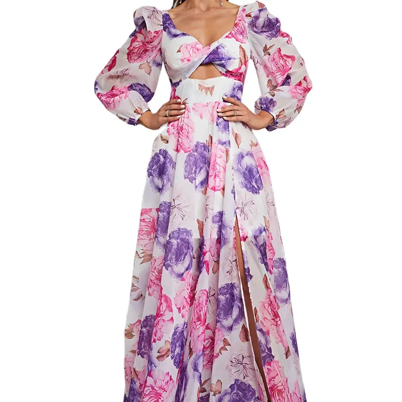 Benutzer definierte Frauen Blumen kleid Chiffon ausgehöhlt Urlaubs kleid Lady Design Gefühl langen Abendkleid