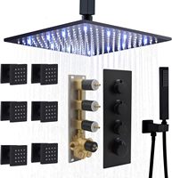 Ensemble combiné de robinets de douche thermostatiques multifonctions à grand débit Pluie de plafond en bronze huilé avec système de douche haute pression