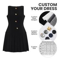 Robe élégante noire sans manches plissée unie coupe trapèze pour femme avec boutons dorés, idéale pour cocktail, soirée, mini, ajustée, OEM ODM