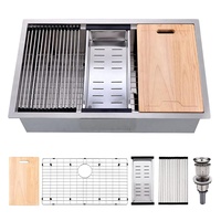 Évier de cuisine professionnel en acier inoxydable SUS304 brossé, fait main, à cuve unique, avec planche à découper en bois, égouttoir et accessoires complets
