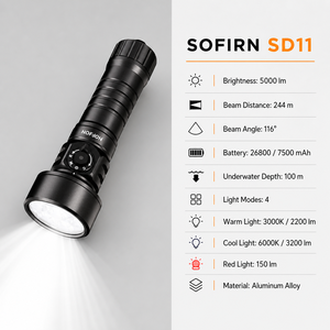 <span class=keywords><strong>Linterna</strong></span> de Buceo SD11 Potente de 5000LM, Cuerpo de Aluminio, Clasificación IP68, Recargable, Luz LED para Buceo, CRI90, Iluminación Roja UV, 10000 Horas - Product Image 2