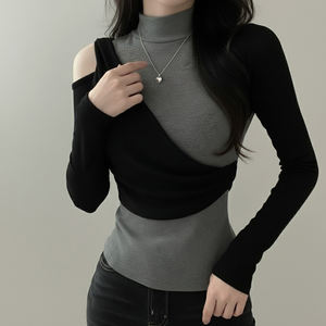 Women Casual Layered Knit <b>Top</b> Contrast Color High Neck <b>Long</b> <b>Sleeve</b> Slim Fit Shoulder Cutout Knit <b>Top</b> - Product Image 2