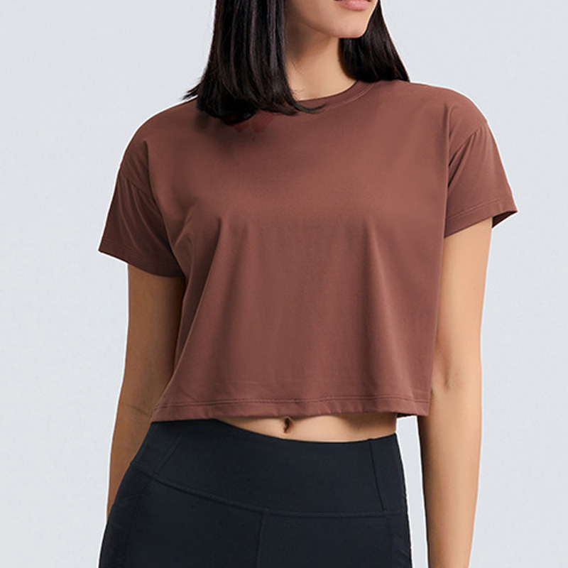 Gym Yoga Short Sleeve T Shirts Solid Color Crop Top Workout Round Neck Blouse for Women