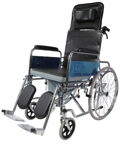 Silla de ruedas yüksek arkalığı uzanmış çelik krom tekerlekli sandalye manuel komodin engelliler için tekerlekli sandalye