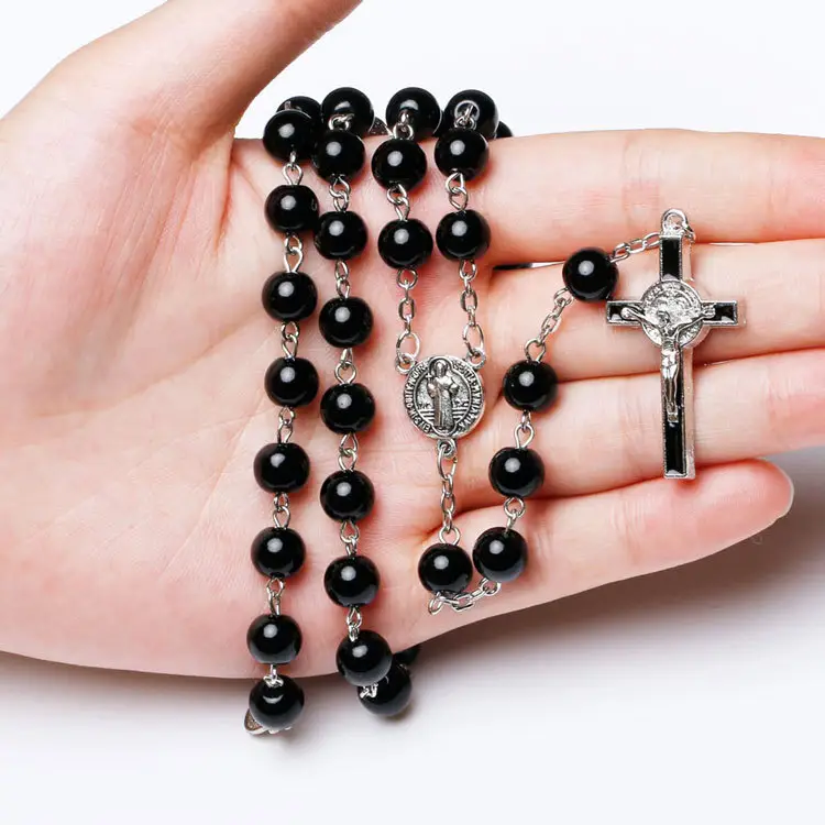 Jachon chapelet catholique en perles de verre noir collier religieux en croix noire collier catholique en chapelet