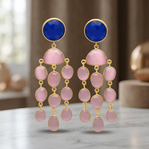 Pendientes de Araña de Latón Chapado en Oro con Cuarzo Rosa de Moda, Estilo Étnico, Hechos a Mano con Piedras Preciosas - Product Image 2