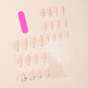Uñas Postizas de Almendra Blancas con Diseño Francés y Lazo de Perlas, Desmontables, 24 Piezas con Lima de Uñas - Product Image 2