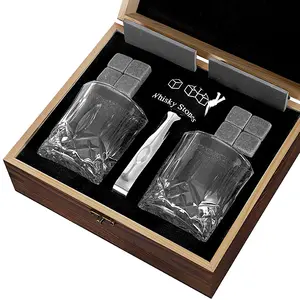 Vendite calde di cristallo senza piombo set di bicchieri di whisky set di whisky accessori bar barware con ghiaccio cube di pietra coaster scatola di legno