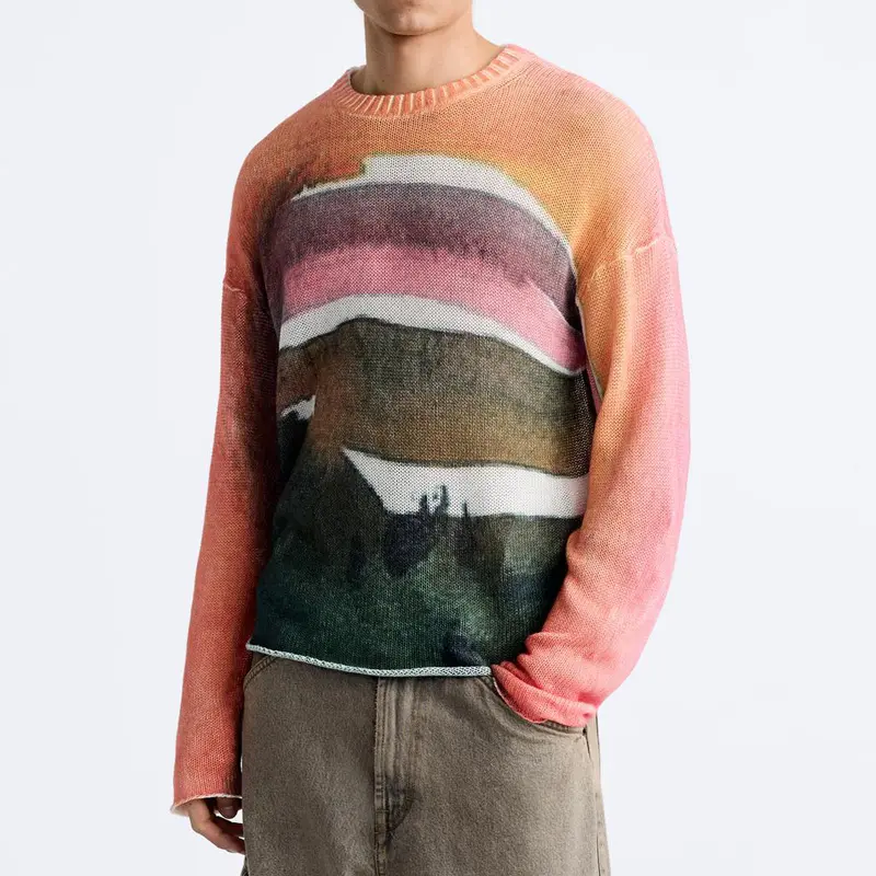 Pull-over imprimé OEM & ODM avec LOGO personnalisé sur toute la surface pulls tricotés col rond en coton tricoté pour hommes pull-over d'hiver pour hommes